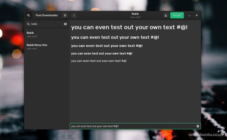 screenshot showing Font Downloader dark mode and custom text