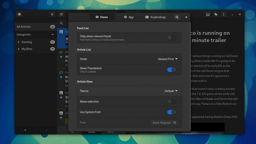 Screenshot of NewsFlash settings