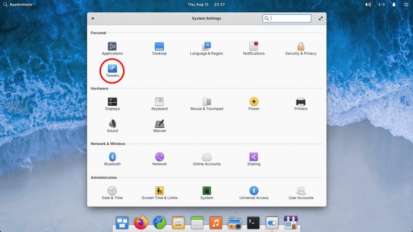 A screenshot of elementary OS system settings app
