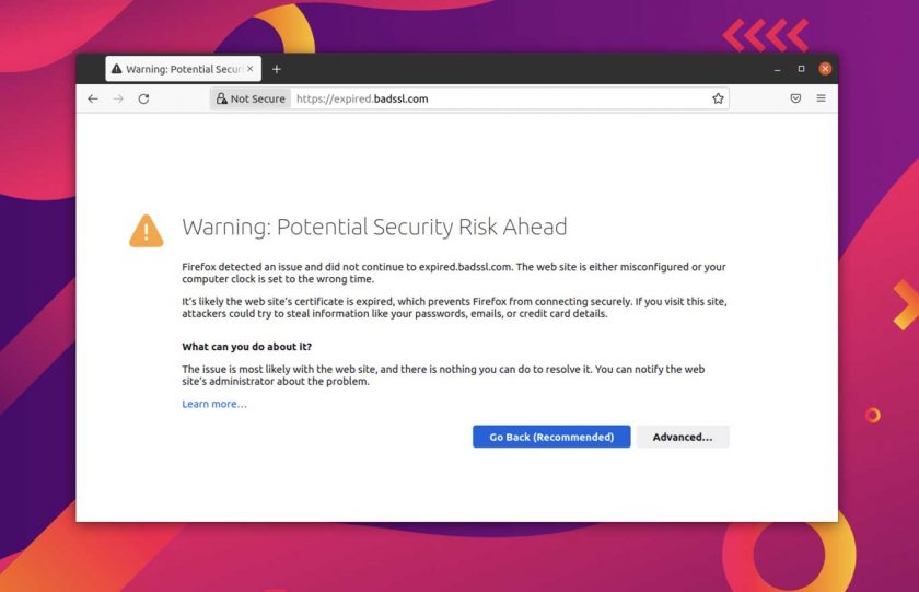 a certificate warning page in Firefox 92