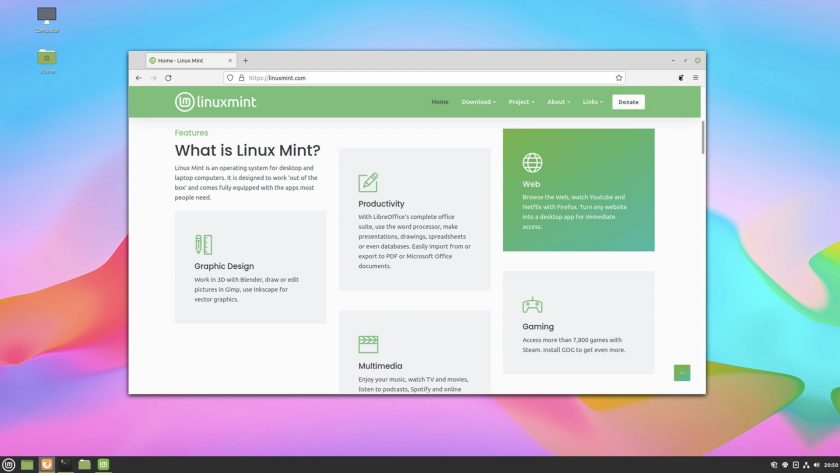 a screenshot of the firefox web browser running windowed on the cinnamon desktop, showing the linux mint home page