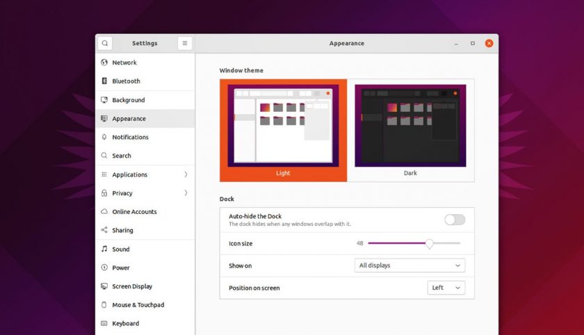 Appearance settings in Ubuntu 21.10