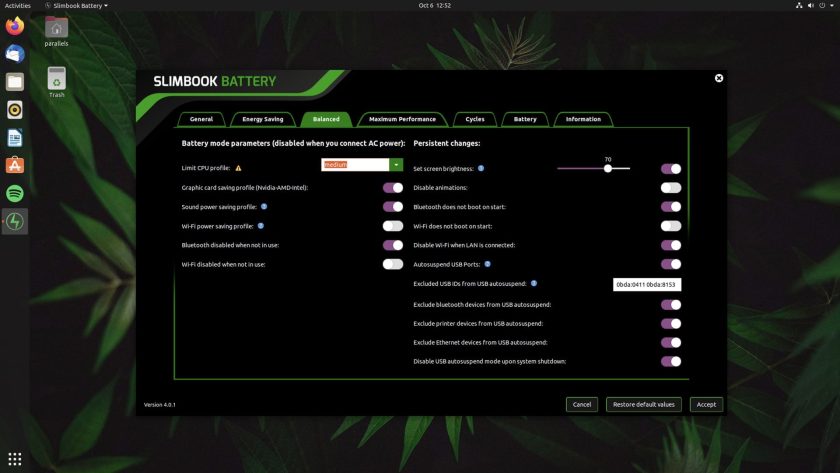 screenshot of slim book battery 4 advanced config window