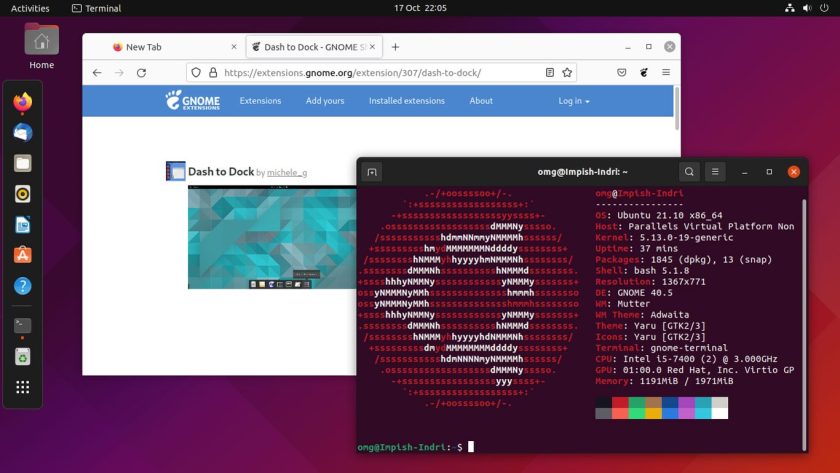 another screenshot of dash to dock (version 70) on ubuntu 21.10 desktop