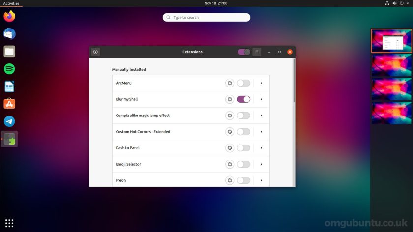 a screenshot of the blur my shell extension on ubuntu 20.04 LTS