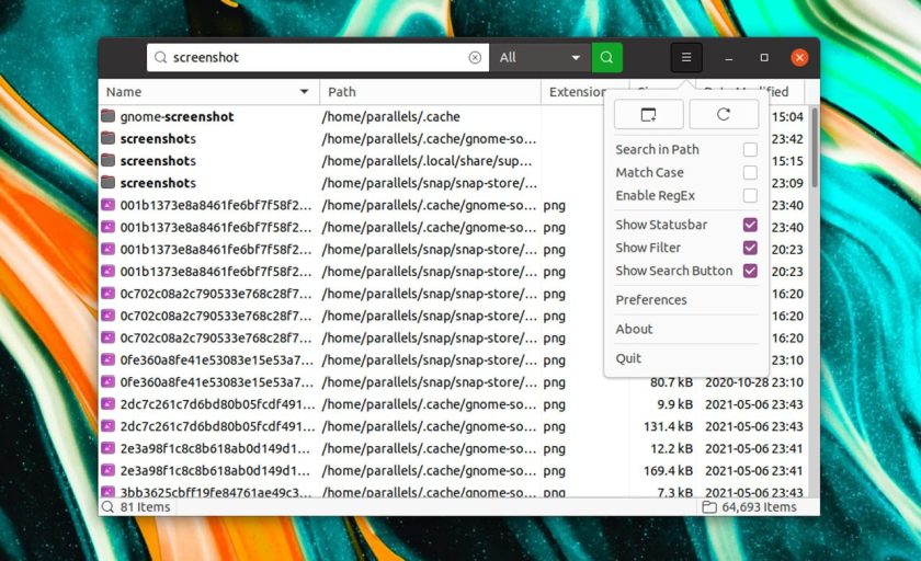 a screenshot of Fsearch file search app running on ubuntu 20.04 LTS