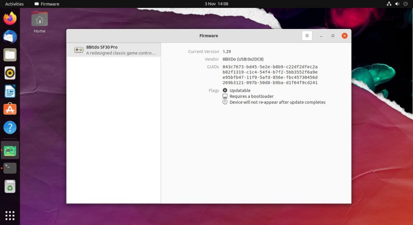 a screenshot of gnome firmware on ubuntu showing available update