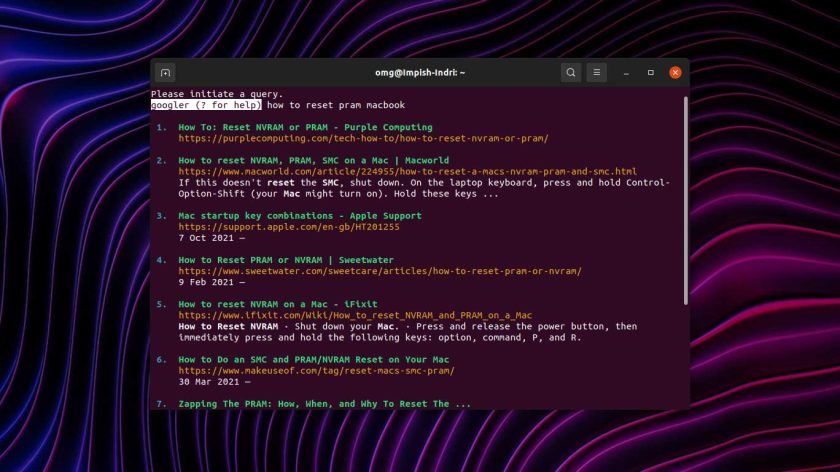 a screenshot of googler an app to search google from the command line