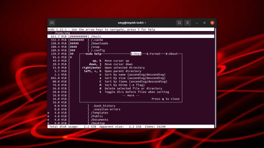 a screenshot of ncdu in the gnome terminal app on ubuntu
