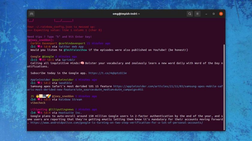 a screenshot of rainbowstream twitter terminal client on ubuntu desktop