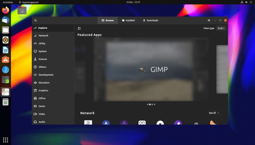a screenshot of AppImage Pool running on Ubuntu 21.10