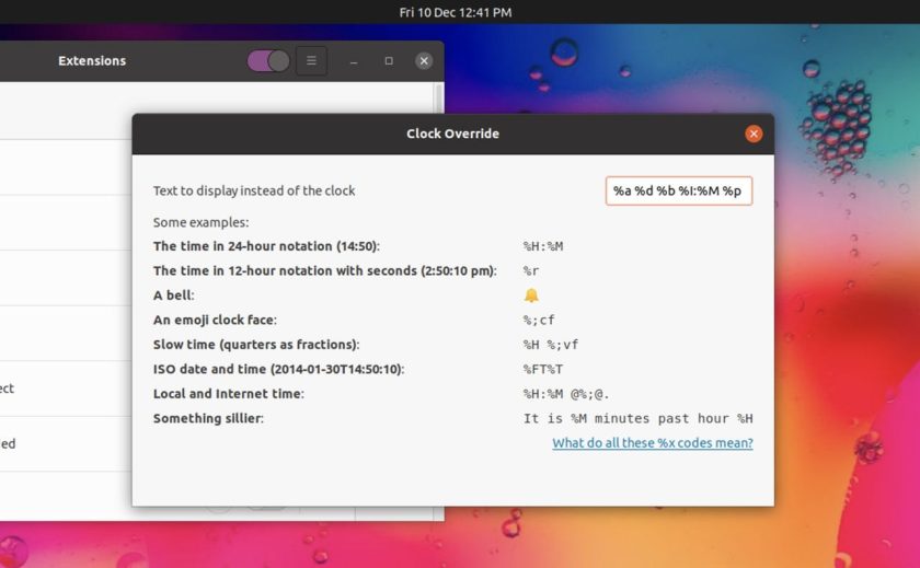 a screenshot of the clock override gnome extension