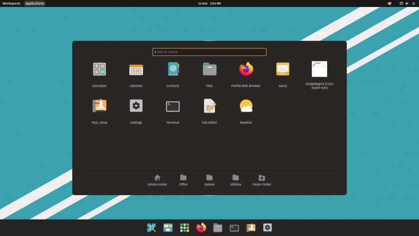 a screenshot of pop os 21.10's new app library