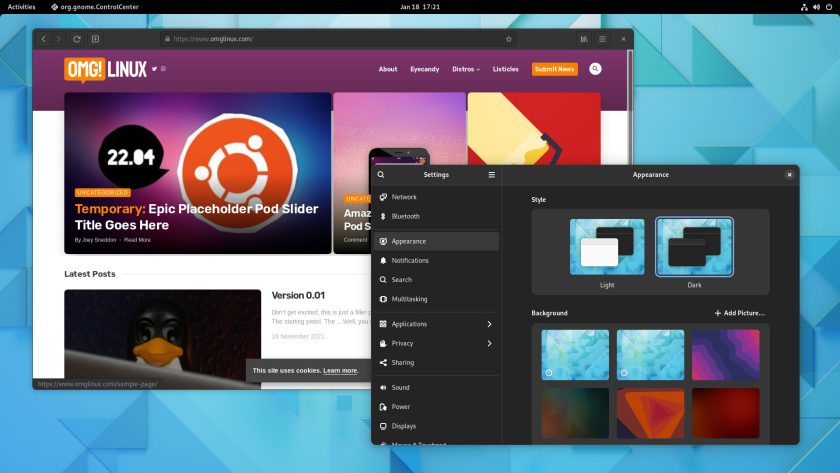 GNOME 42 alpha screen of epiphany web browser