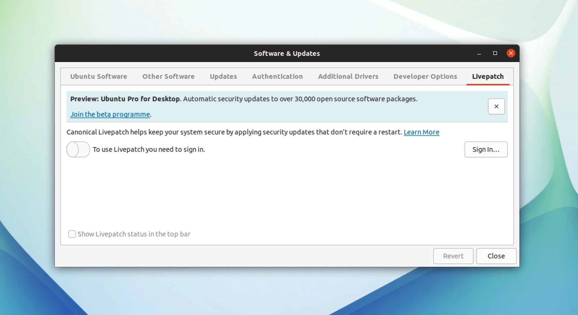 screenshot of the ubuntu pro banner in software and updates on Ubuntu 20.04 LTS