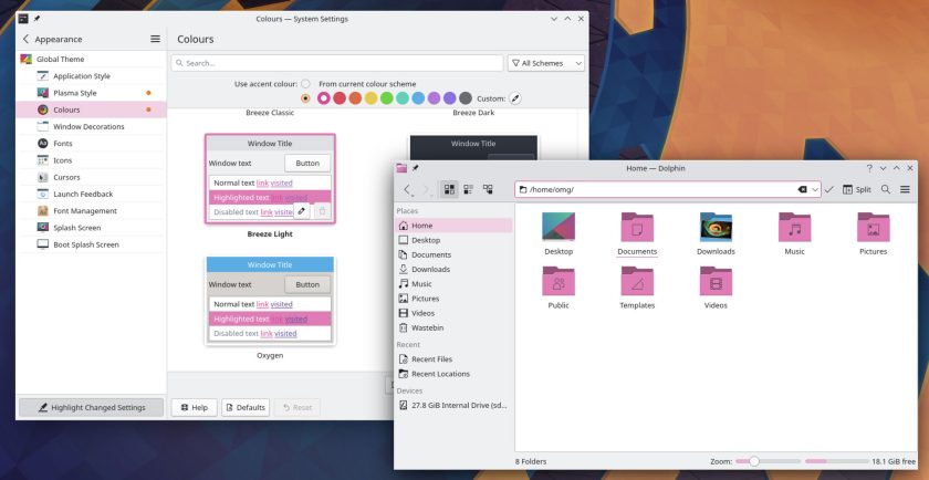 screenshot of KDE Plasma 5.24 folders with accent colour enabled