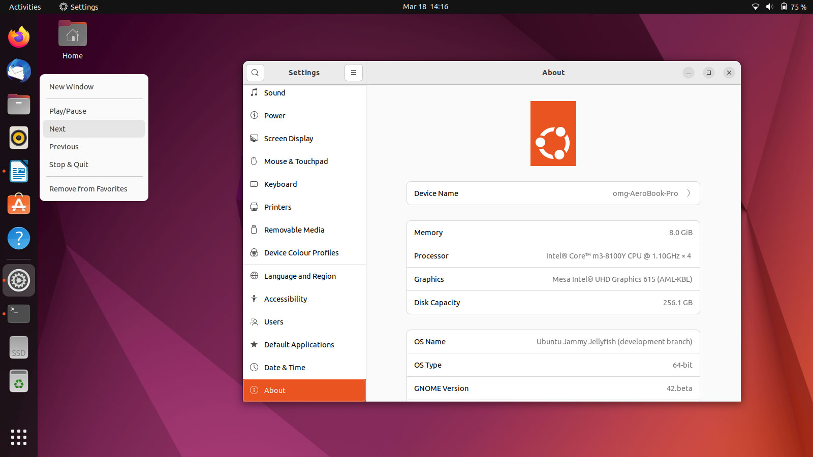 screenshot of system settings in ubuntu 22.04