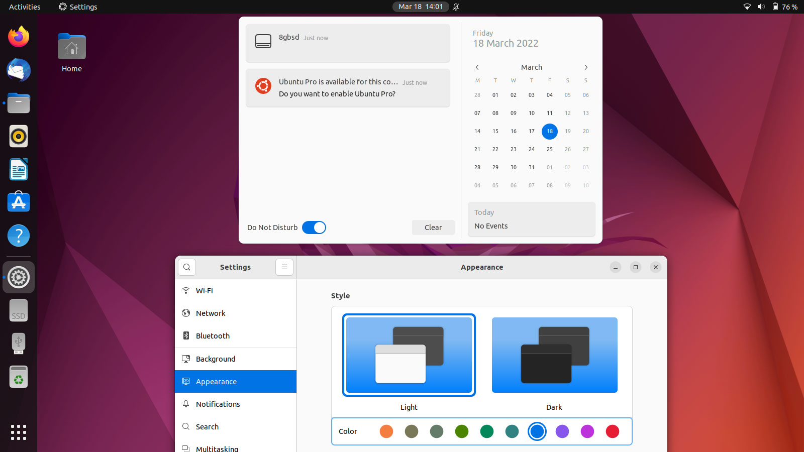 screenshot of ubuntu 22.04 accent colors