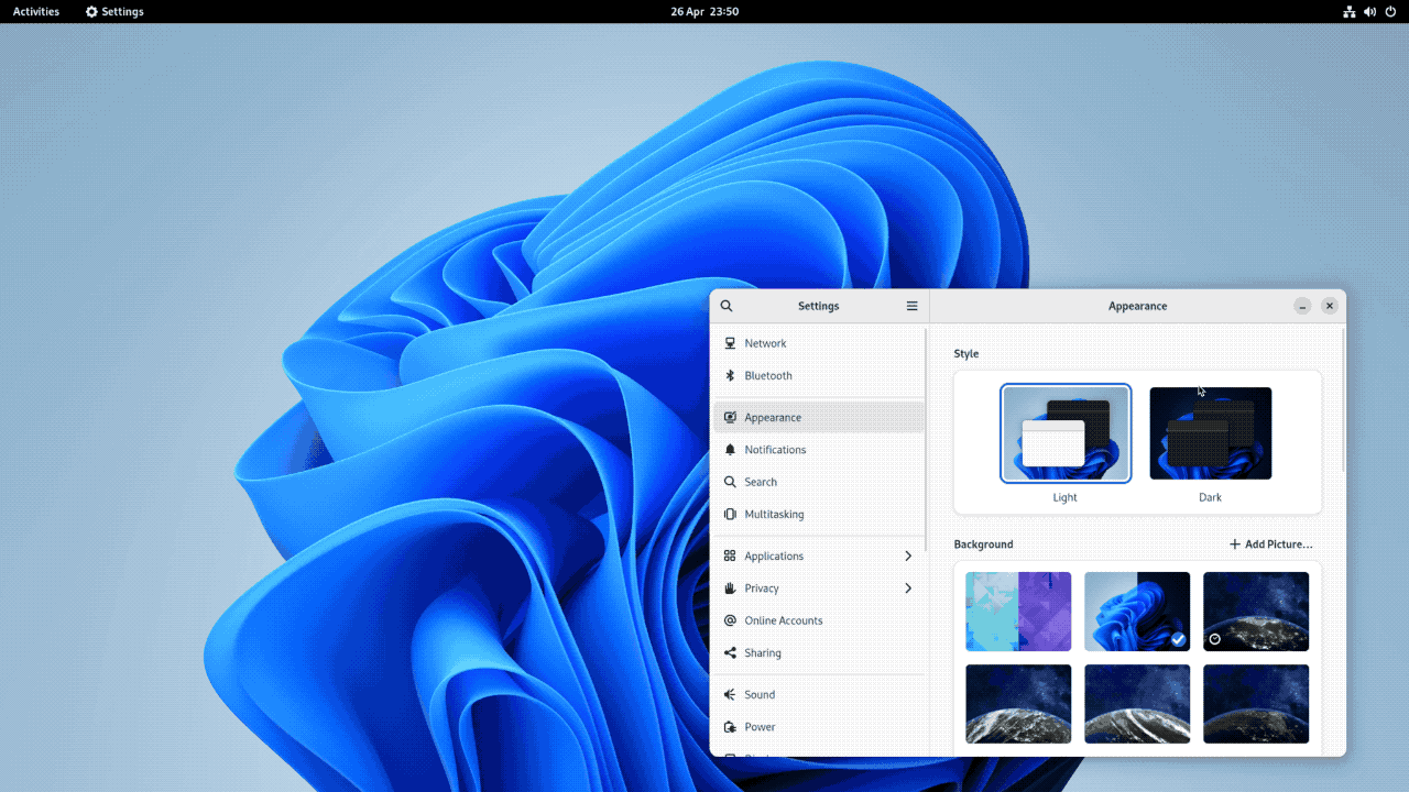 an animated gif showing seamless wallpaper changing in GNOME 42