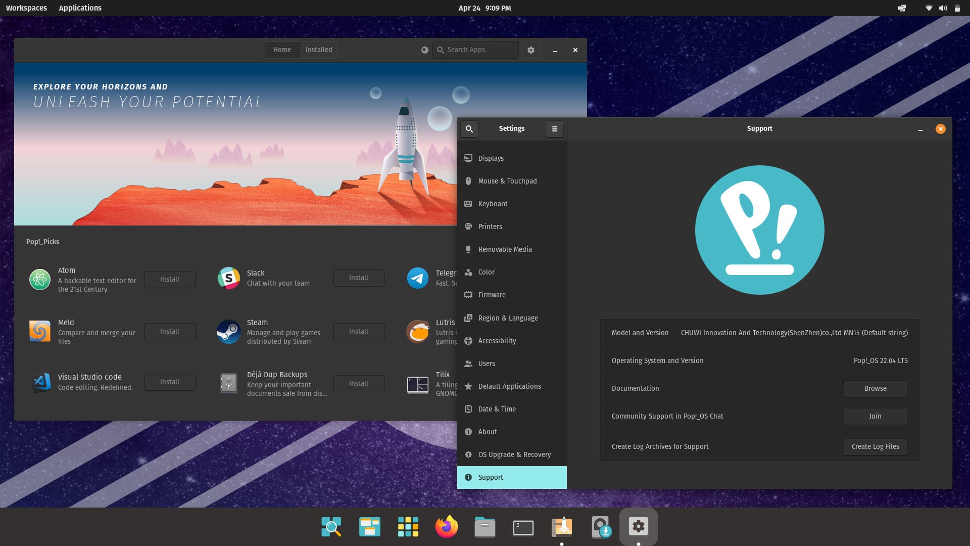 screenshot of support settings and pop shop in pop os 22.04