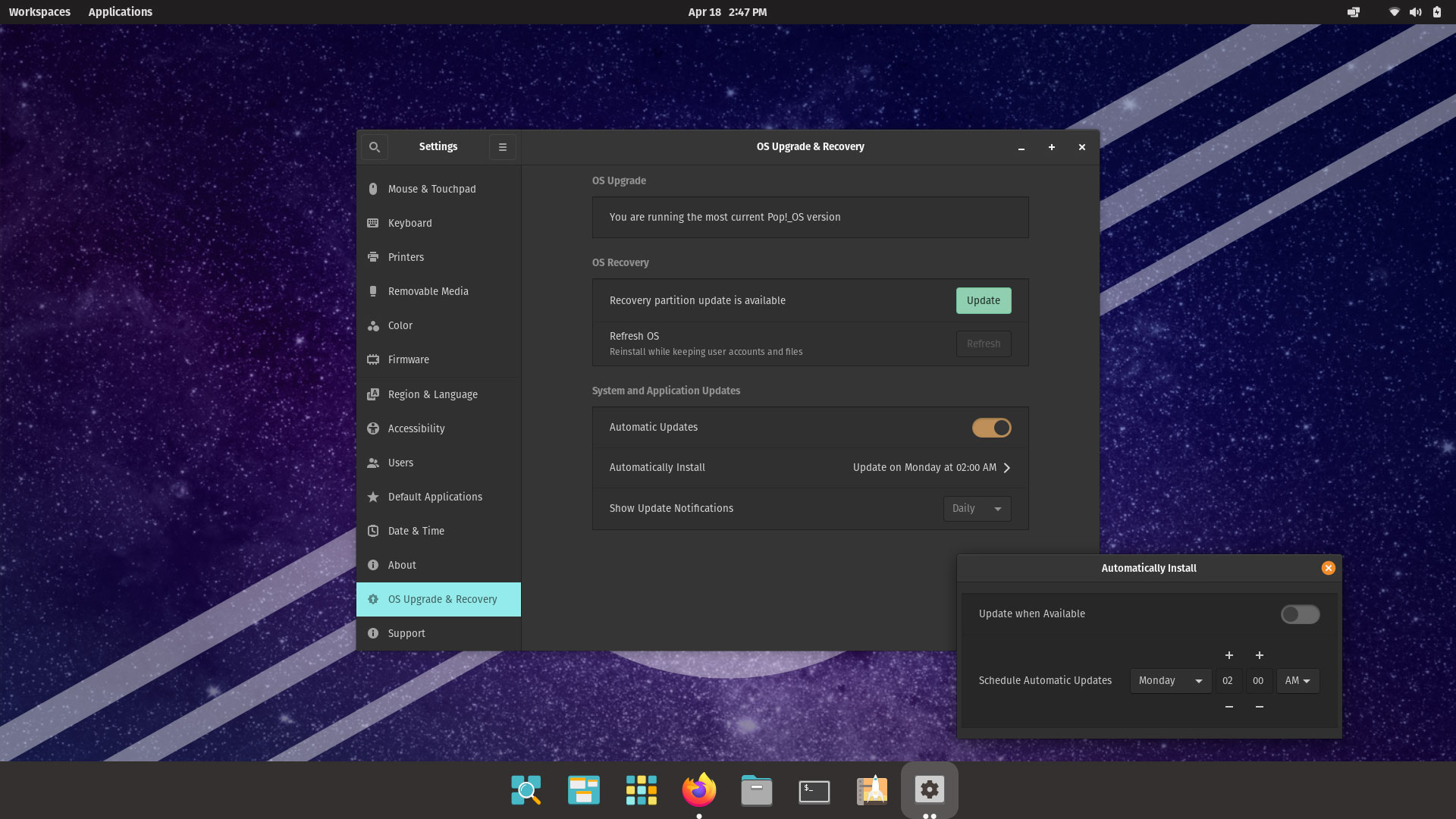screenshot of os upgrade and recovery settings in pop os 22.04