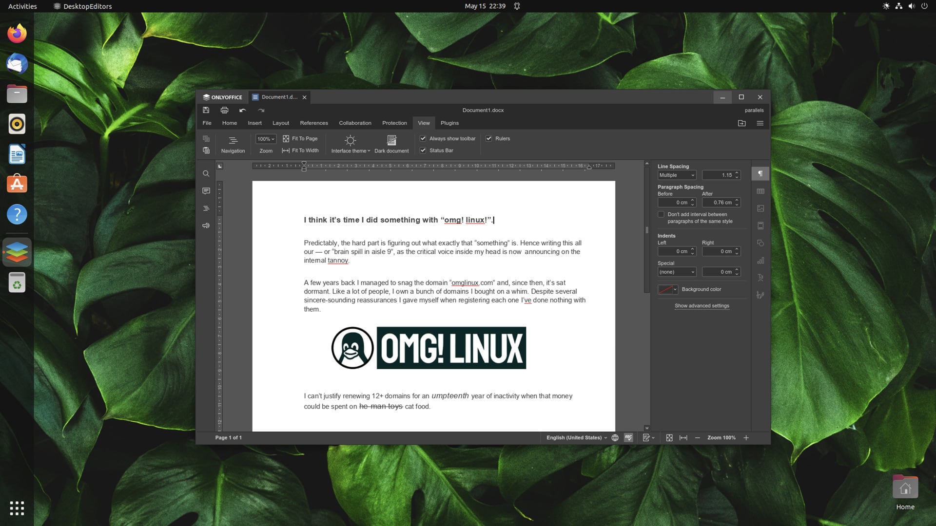 a screenshot of onlyoffice 7.1 on ubuntu 22.04