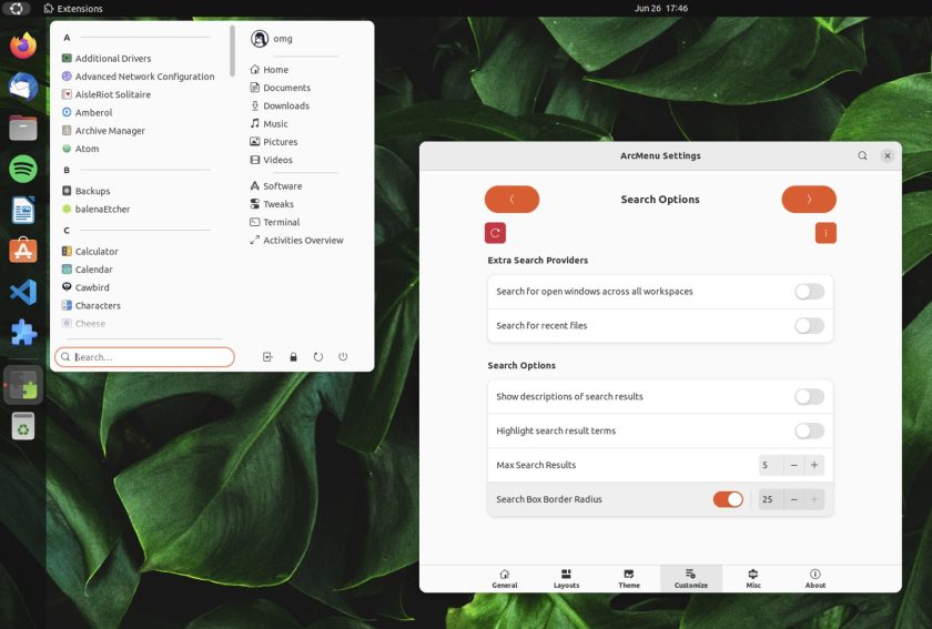 screenshot of arcmenu's search box radius setting