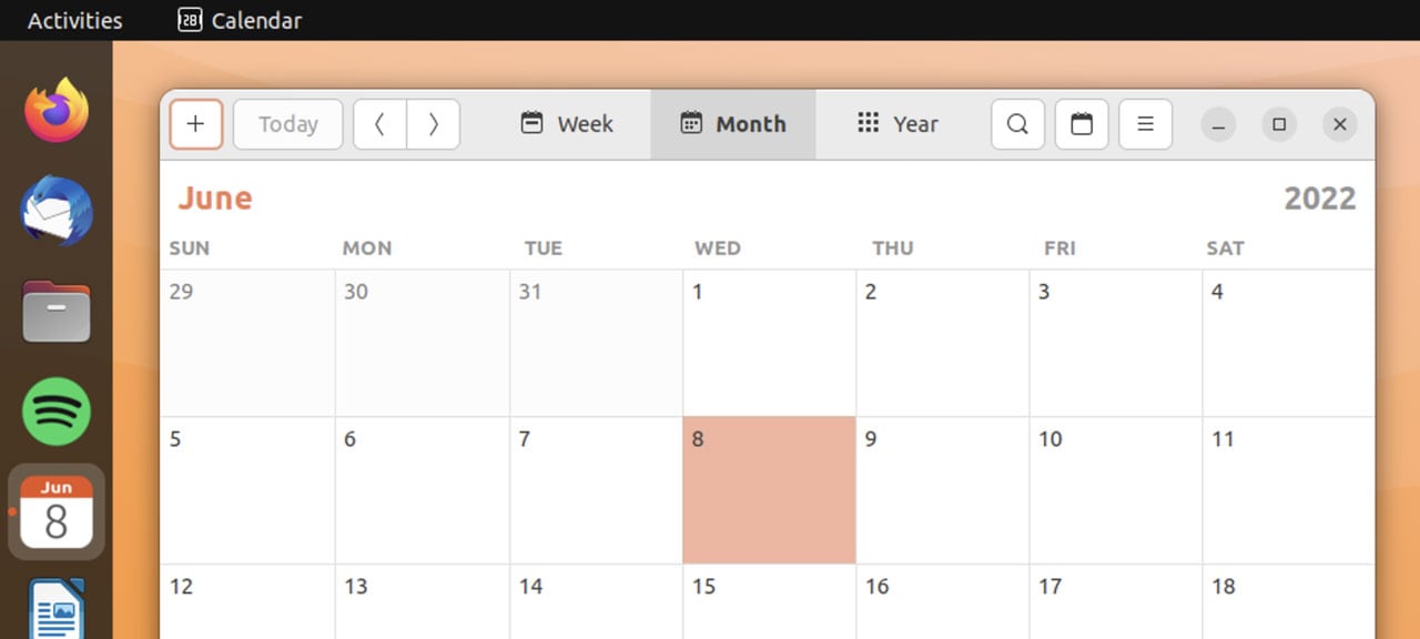 screenshot showing ubuntu's calendar app open