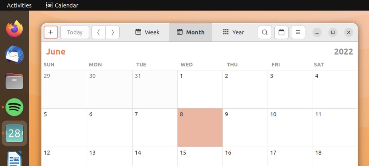 screenshot of the Ubuntu calendar app open