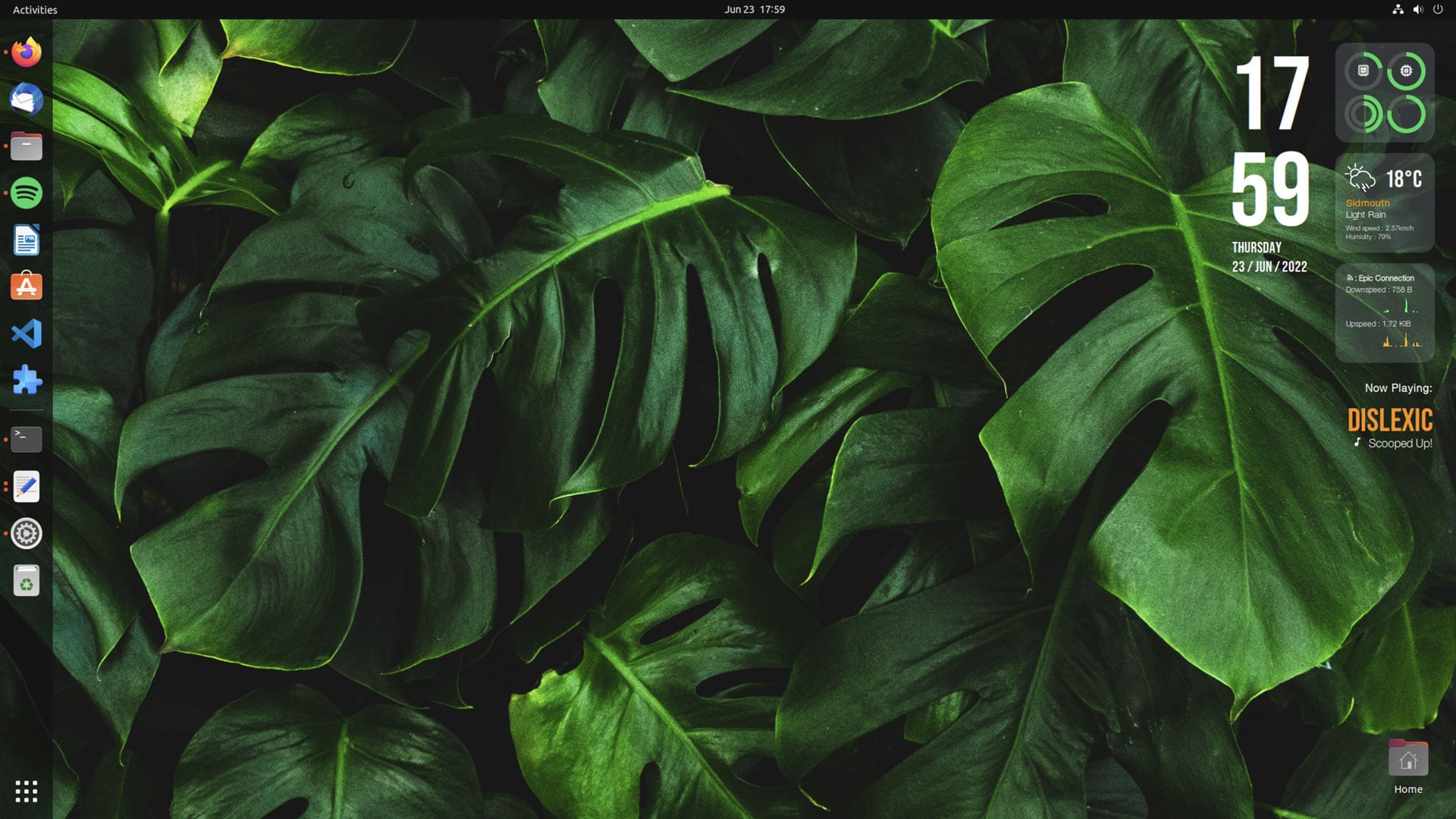 A screenshot of the Regulus conky theme on Ubuntu 22.04 LTS