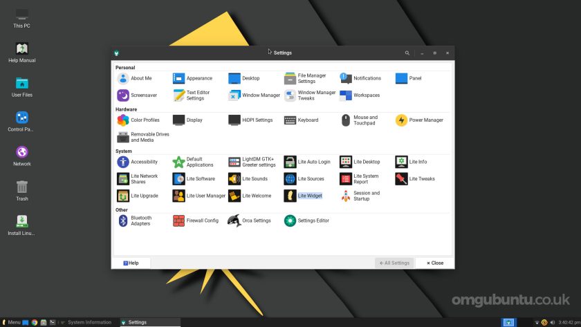 screenshot of settings in Linux Lite