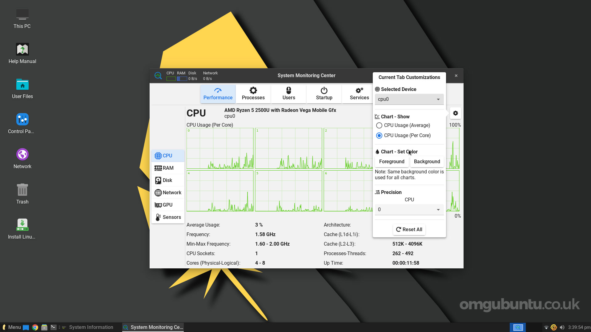 a screenshot of the system monitoring center app in Linux Lite