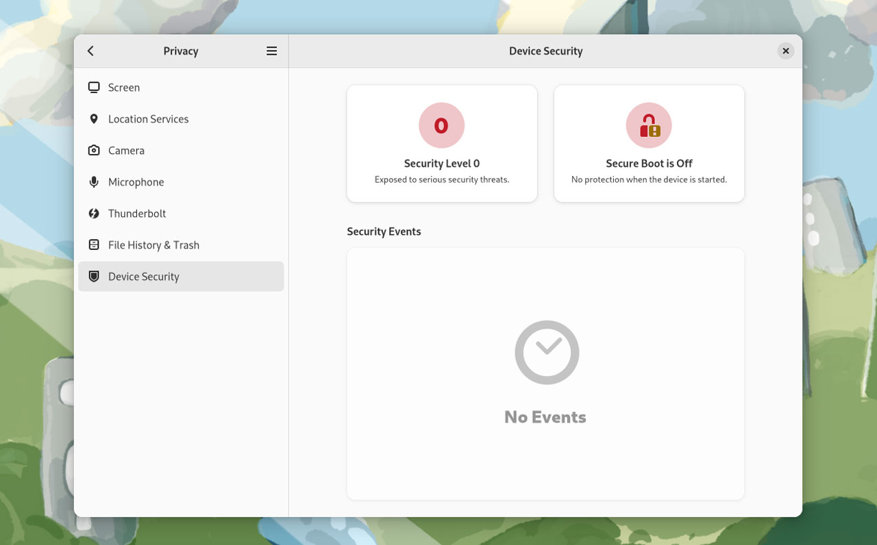 screenshot of the "device security" panel in GNOME 43