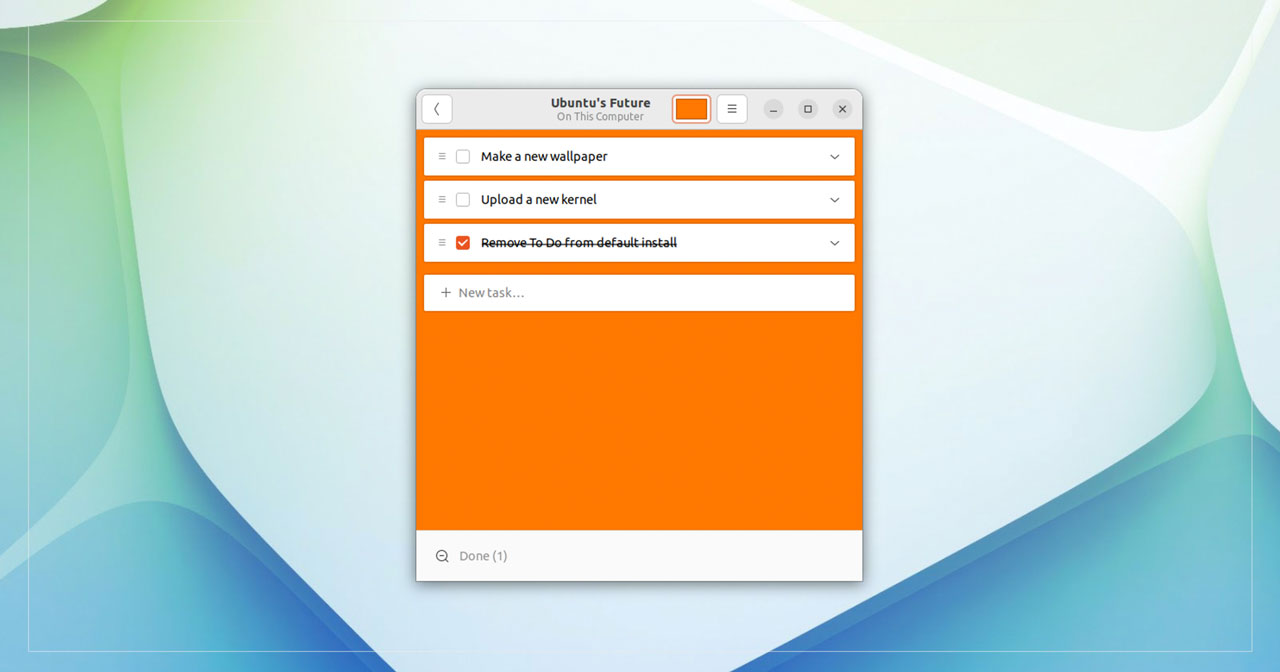a screenshot of Ubuntu's To Do App showing a task list with one item crossed off