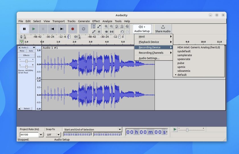 aduacity audio setup button
