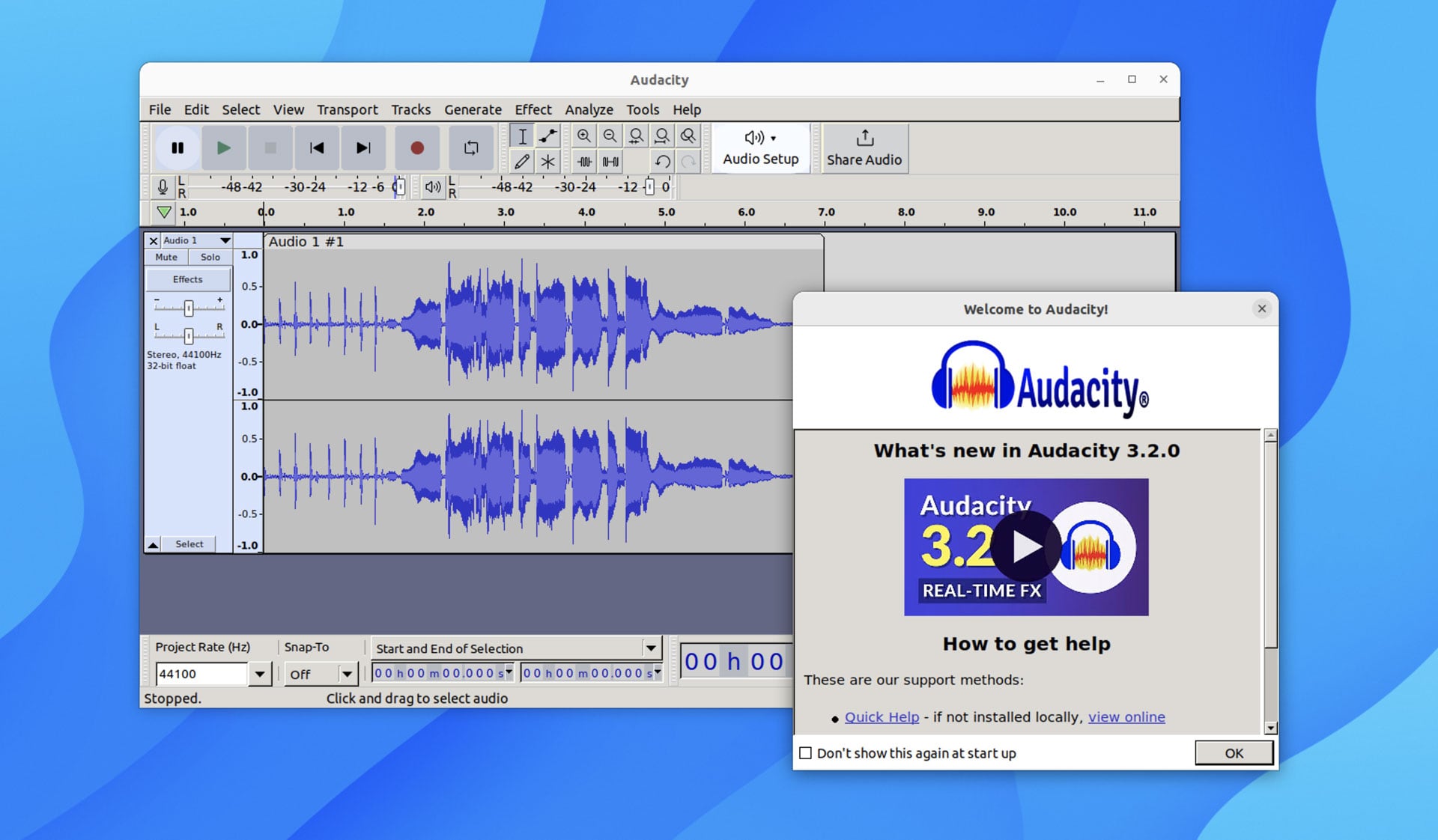 Screenshot of Audacity 3.2 on Ubuntu with the about window open