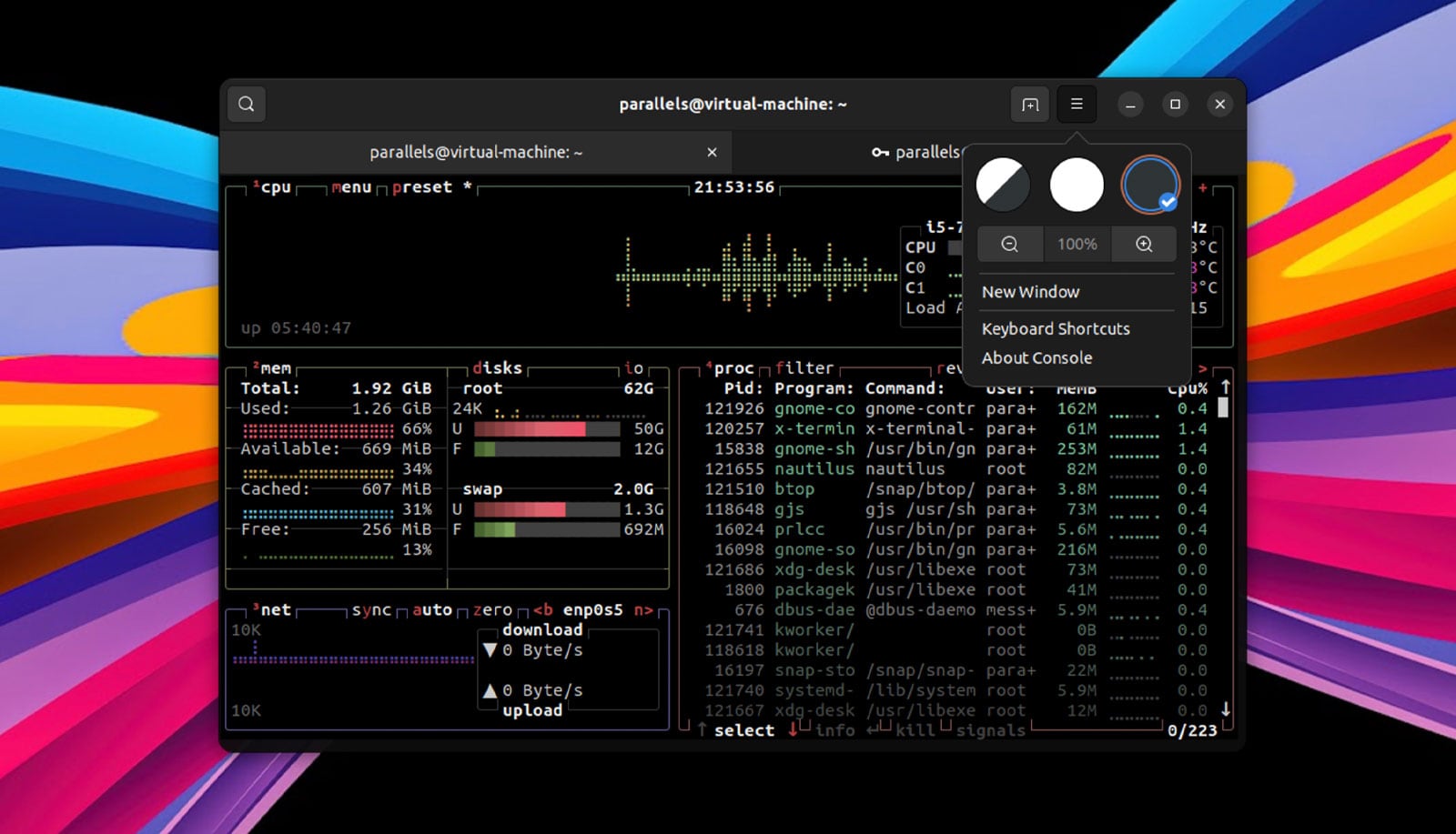 a screenshot of the GNOME Console app running btop against a colourful backdrop