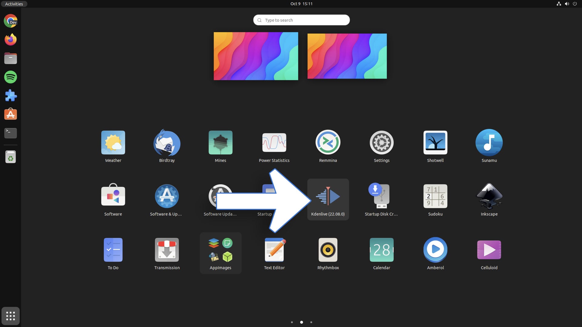 screenshot of the application grid on ubuntu 22.04 with an arrow pointing to an AppImage shortcut