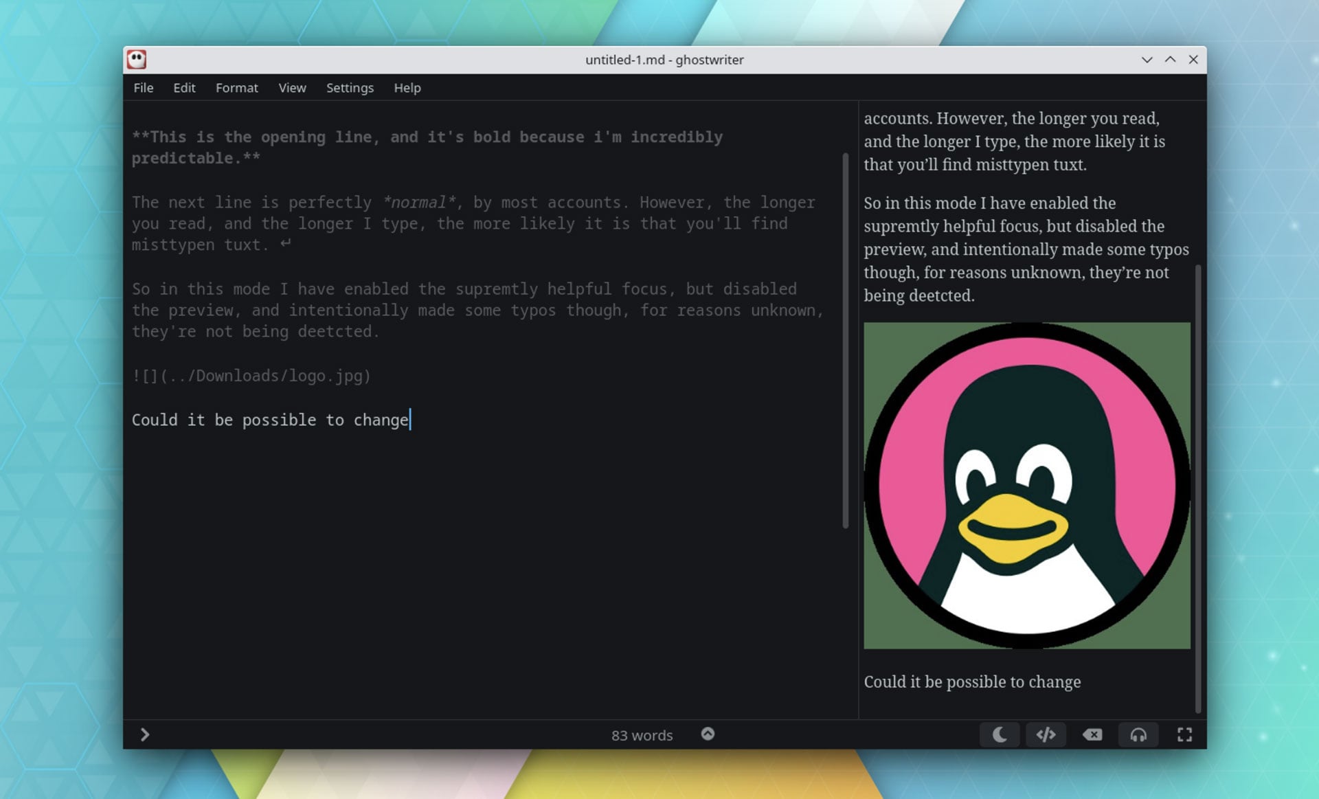 screenshot of Ghostwriter text editor on KDE Neon