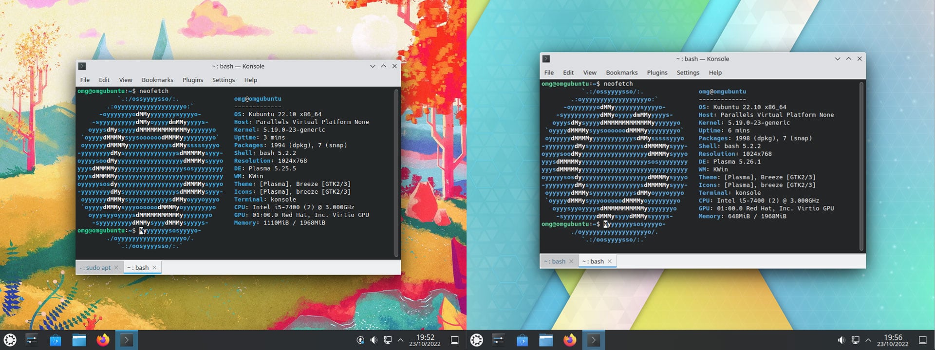 ide by side screenshot of Kubuntu 22.10. On the left it shows a terminal listing the KDE Plasma 5.25 release, on the right the 5.26 release