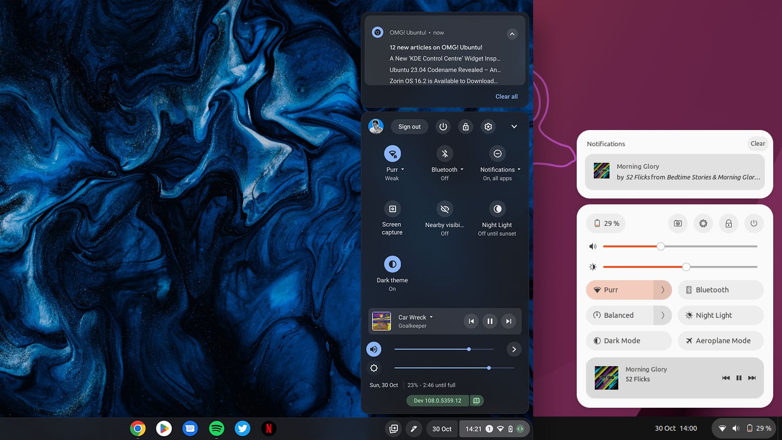 screenshot of ChromeOS system menu open, placed side-by-side with GNOME Quick Settings menu also open
