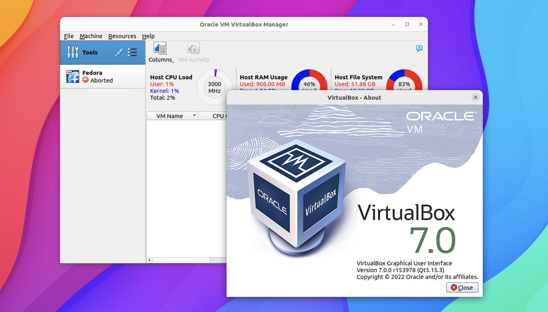virtual box 7.0 running on the ubuntu desktop with the about dialog showing the version number