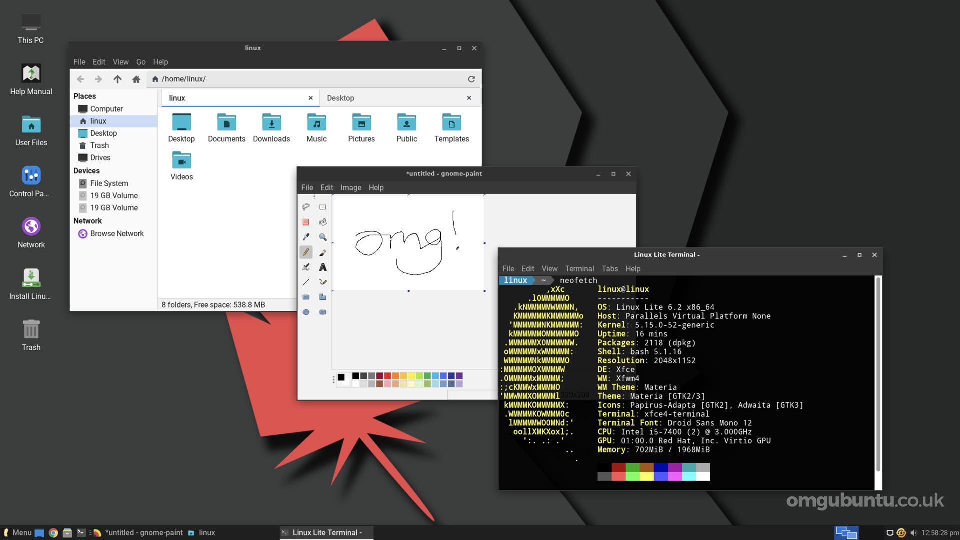 Screenshot of Thunar, GNOME Paint, and Neofetch open in Linux Lite 6.2