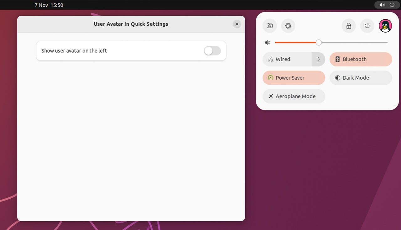 screenshot of the quick settings user avatar gnome extension on ubuntu 22.10