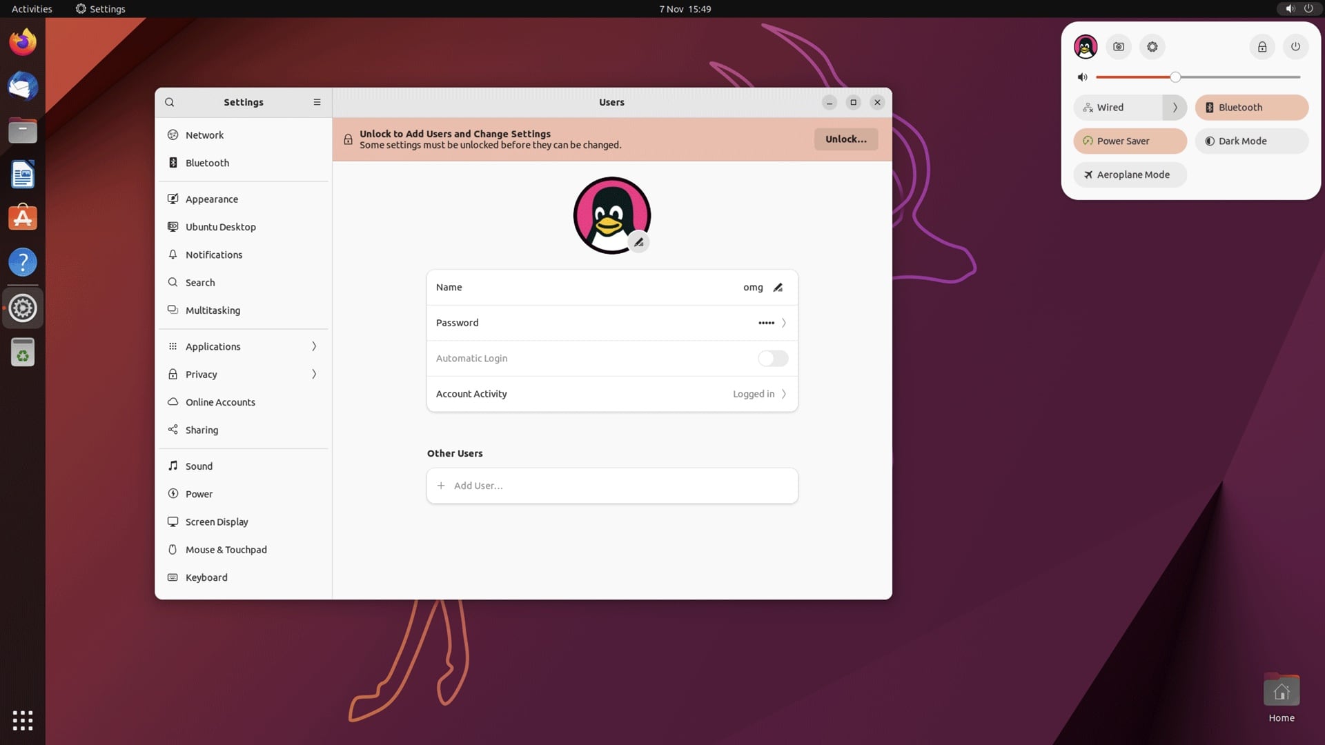 screenshot of the quick settings user avatar gnome extension on ubuntu 22.10