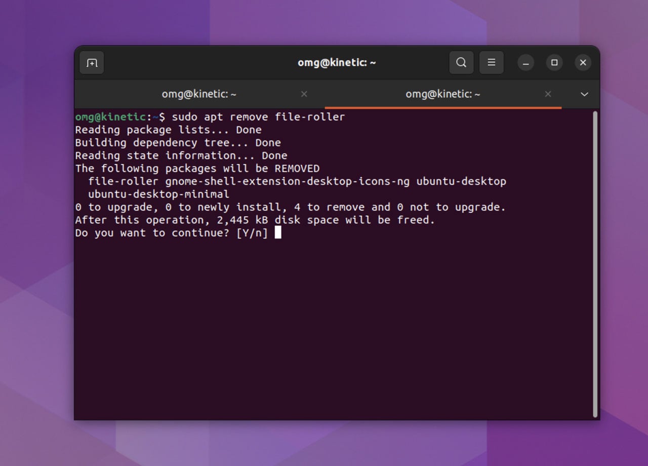a screenshot of the GNOME terminal showing the command 'sudo apt remove file-roller' being run, and the feedback that provides