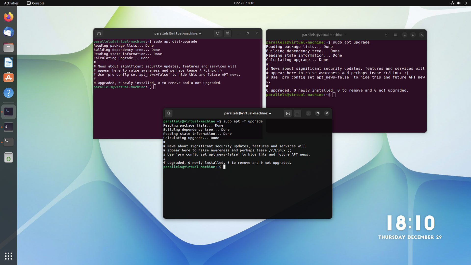 screenshot of three terminal apps open on the Ubuntu 22.04 desktop showing the apt awareness message