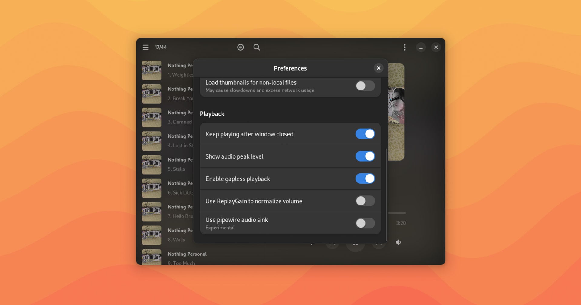 screenshot of the Preferences window in the G4Music application