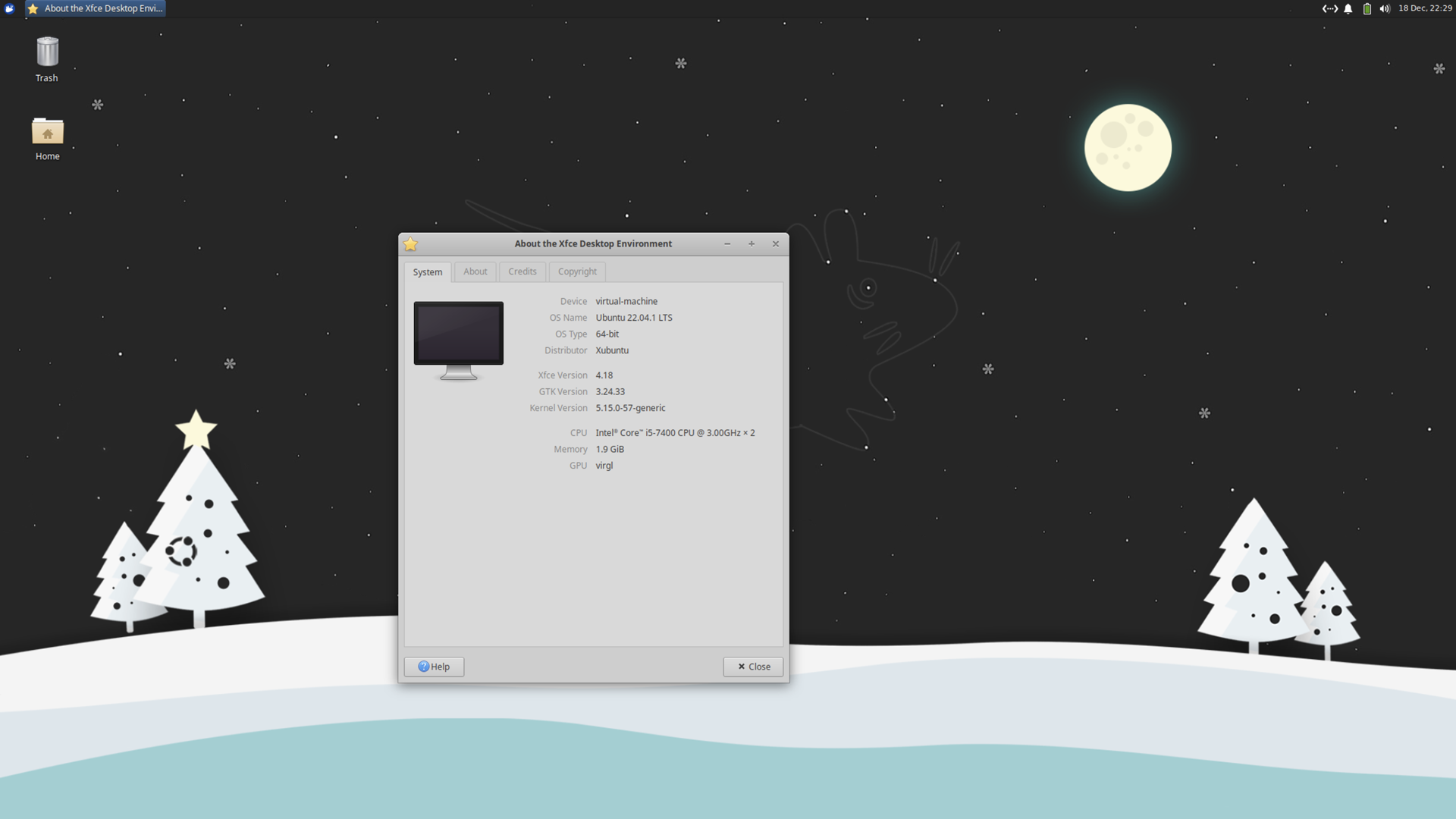 a screenshot of Xubuntu 22.04 showing the Xfce About screen indicating it's version 4.18