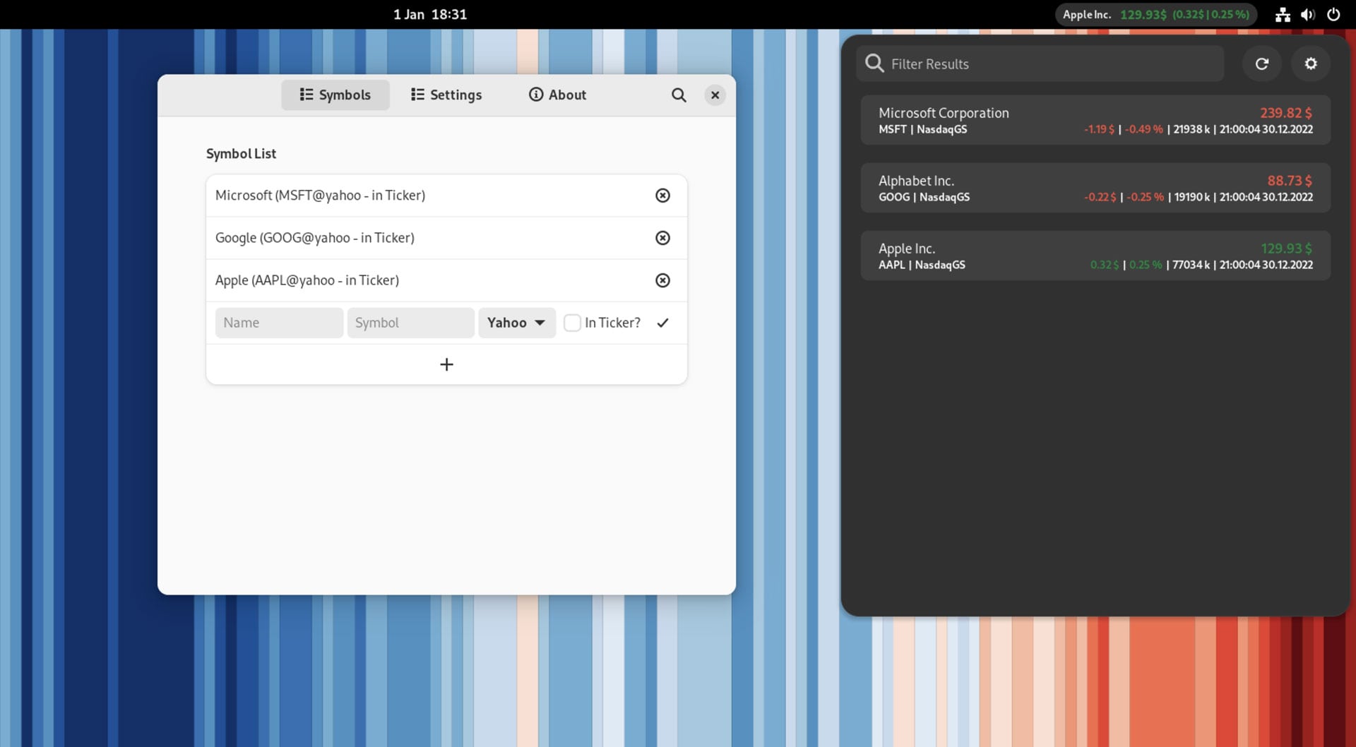 A screenshot of the Stocks Extension for GNOME Shell